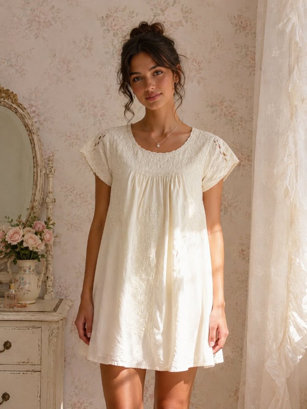 MADEWELL 100% Cotton Embroidered Babydoll Dress Cream Prairie Romantic Dainty XS